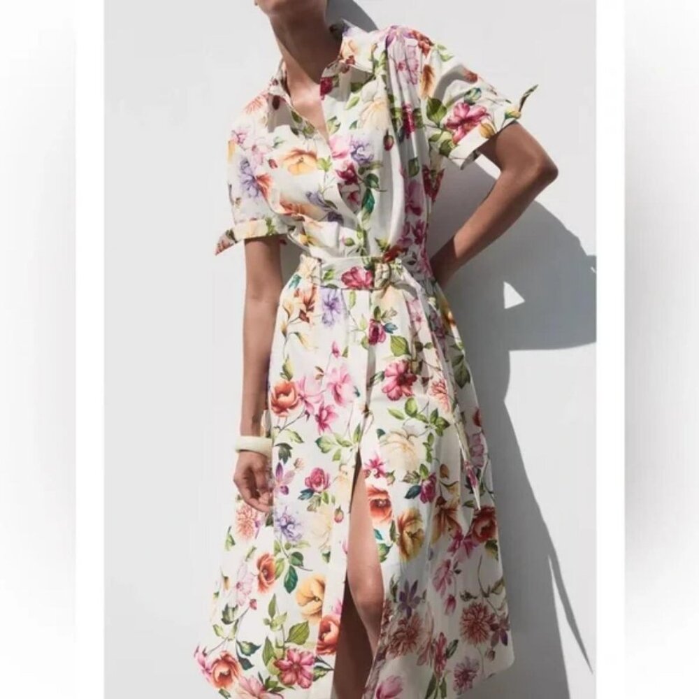 ZARA PRINTED POPLIN MIDI DRESS
